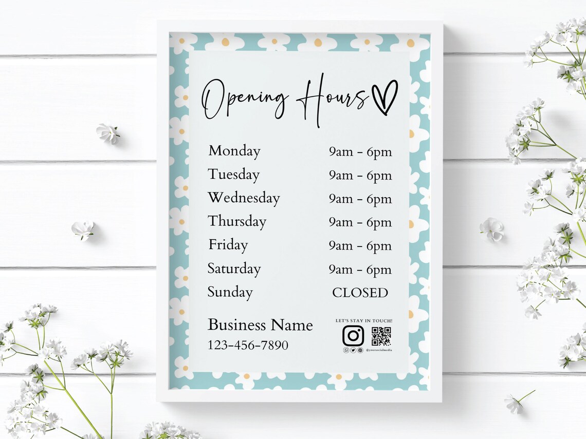 Business Hours Sign Editable Printable Template, Store Hours Sign ...