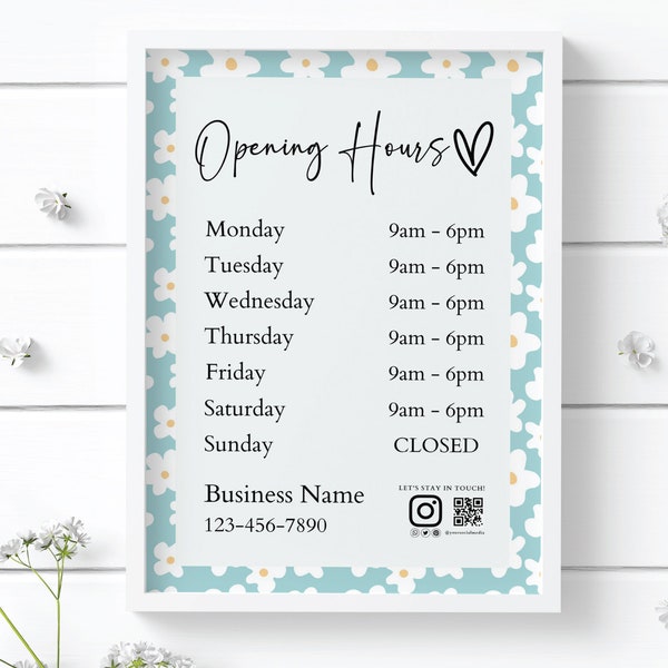 Business Hours Sign Editable Printable Template, Store Hours Sign, Hours of Operation Sign, Holiday Hours Sign, Shop Hours Sign, DIY CANVA