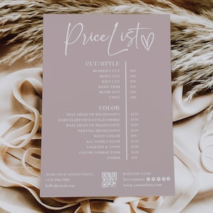 Editable Beauty Salon Price List, Small Business Price List Template, Printable Hair Salon Price List, Hair Stylist Price Sheet Template