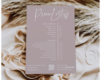 Editable Beauty Salon Price List, Small Business Price List Template, Printable Hair Salon Price List, Hair Stylist Price Sheet Template