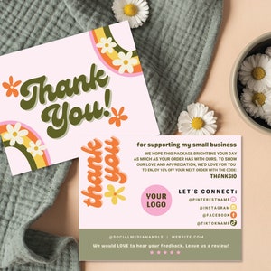 Editable Rainbow Thank You Card, Small Business Floral Card, Printable Retro Thanks For Your Purchase Card, 90s Y2k Business Order Thank You