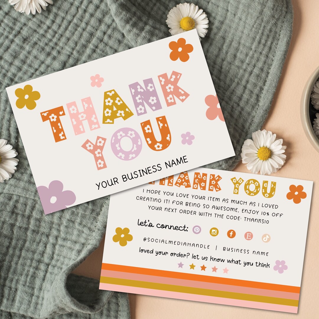Retro Daisy Thank You Card Template Canva, Editable Small Business 70s ...