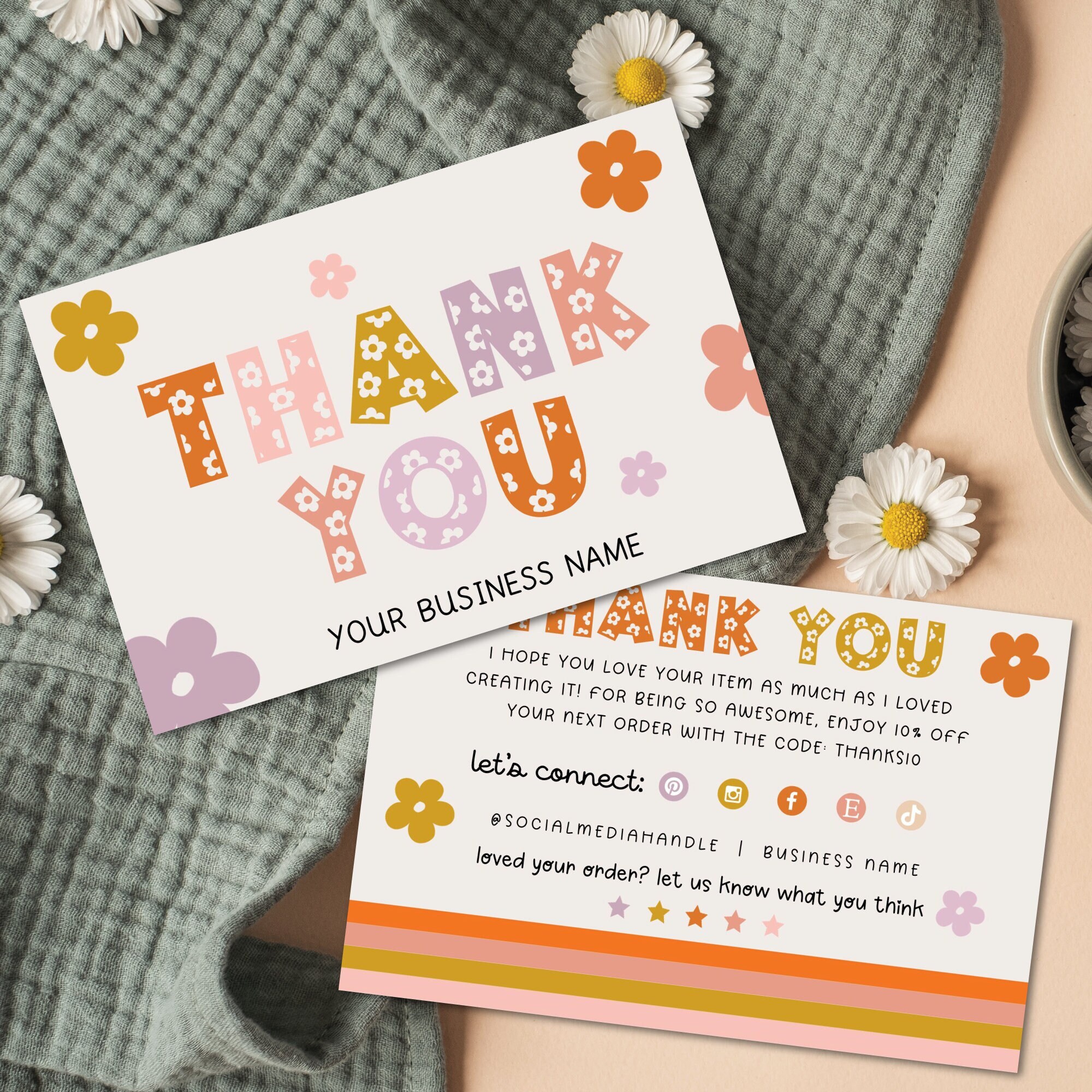 Retro Daisy Thank You Card Template Canva, Editable Small Business 70s ...