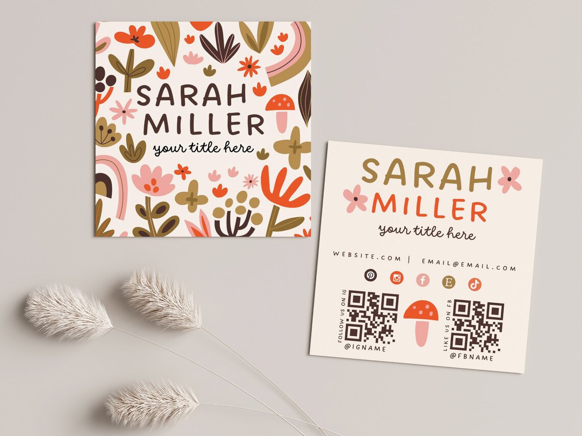 Retro Business Card Template QR Code Boho Printable Square - Etsy