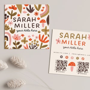 Retro Business Card Template QR Code, Boho Printable Square Business Card Design, DIY Floral Calling Card, Editable Canva Template