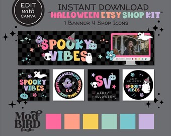 Pastel Halloween Etsy Shop Kit, Instant Download Canva Template, Halloween Shop Icons, Spooky Vibes Banner, Editable Etsy Shop Set - SUKI
