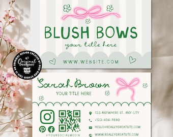 Coquette Preppy Business Card Template Canva QR Code, Trendy Cute Bow Business Branding, DIY Feminine Editable Business Card Template - PREP