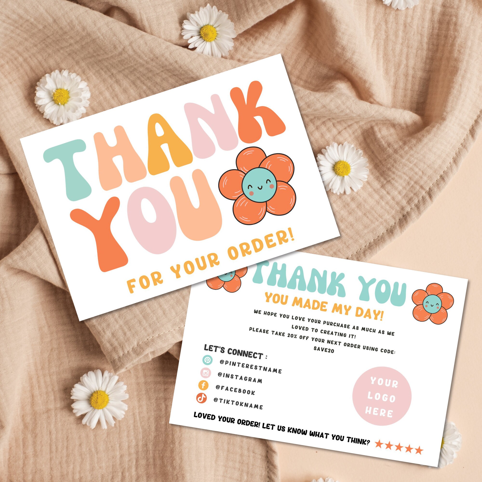 アート・デザイン・音楽 THANK YOU FOR YOUR BUSINESS IV Editable Rainbow Cute Flower Small Business Thank You Card