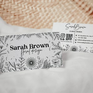 Minimalist Floral Printable Business Card Template, DIY Flower Calling Card, Business Card Template QR Code, Editable Card, Canva Template