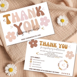 Editable Rainbow Small Business Thank You Card, Printable Retro Daisy Thanks For Your Purchase Card, 90s Y2k Business Order Thank You, Canva