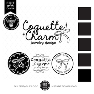 Coquette Business Logo Template Canva, Editable Trendy Black Bow Aesthetic Logo Design, Feminine Logo Branding Kit, DIY Business Brand-SHAN