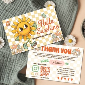 May include: A yellow and green thank you card with a cartoon sunflower and mushrooms. The card says "Hello Sunshine" and "Thank You". It also includes a QR code and the text "Love Madison Ho".