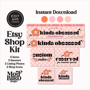 Etsy Banner Templates Canva, Flower Face Etsy Shop Design, Retro Checkered Etsy Store Cover Canva, Etsy Shop Kit, Business Branding