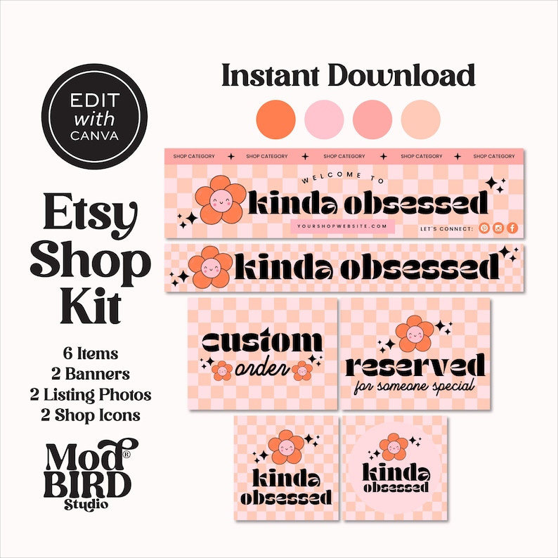 May include: An Etsy shop kit with a retro theme. The kit includes banners, listing photos, and shop icons. The design features a checkerboard pattern in peach and white, with orange flower graphics and the text "kinda obsessed".