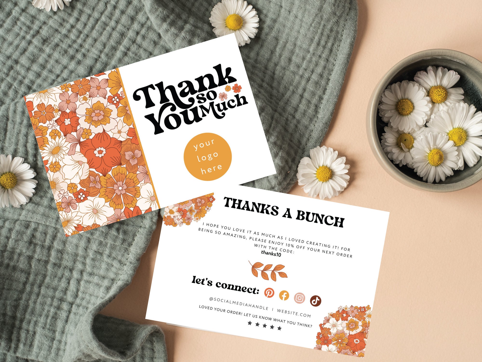 Boho Retro Thank You Card Template, Editable Business Groovy Flower ...