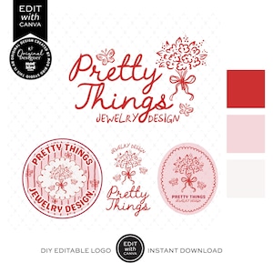 Coquette Business Logo Template Canva, Editable Trendy Pink Bow and Butterflies Aesthetic Logo Design, Logo Branding Kit, DIY Branding-CASS
