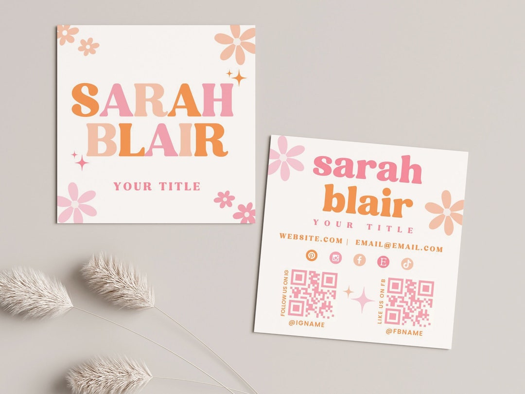 Retro Business Card Template QR Code, Boho Printable Square Business ...