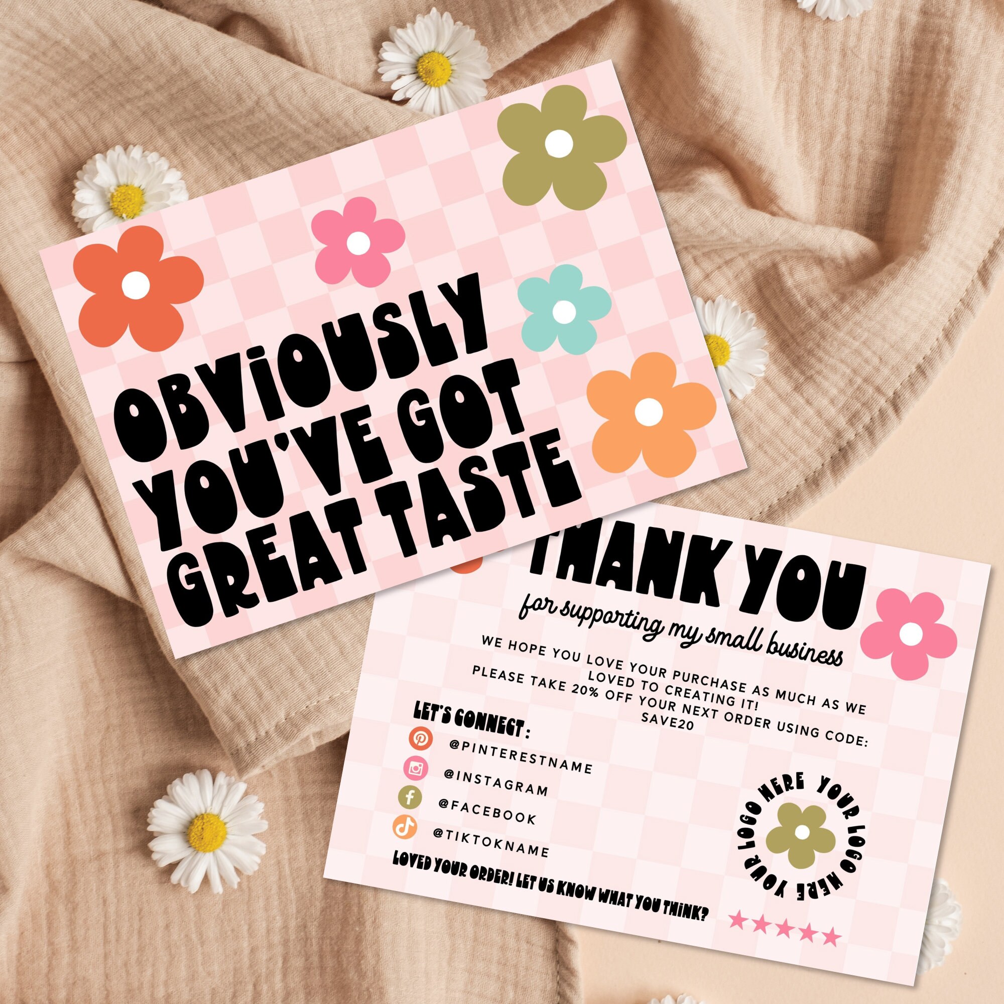 Retro Daisy Thank You Card Template, Editable Small Business Boho Thank ...