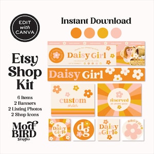Rainbow Etsy Shop Banner Set, Boho Daisy Etsy Shop Template Kit Canva, Retro Shop Branding, Etsy Seller Template, DIY Etsy Store Branding