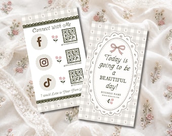Editable QR Code Business Card, Connect Card Canva Template, Small Business Social Media Card, Neutral Gingham Lace, Cottagecore - ETTA