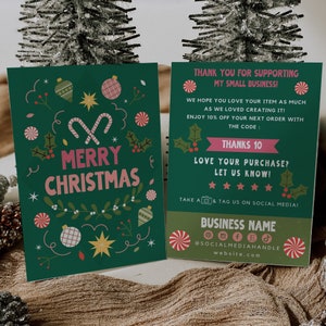 Cute Whimsy Christmas Business Thank You Card Canva Template, Printable Holiday Thanks For Your Purchase Card, DIY Package Gift Insert Card