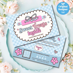 May include: Two light blue and pink business cards with the text "Sweet Treats Inside" and "Your Business Name Here". The cards have a floral and bow design. One card says "Thanks 10".