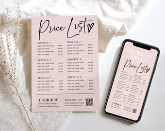 May include: A pink and white price list for a beauty studio. The price list is printed on a sheet of paper and also displayed on a mobile phone. The price list includes services such as manicures, pedicures, and facials. The price list also includes a QR code for booking appointments.