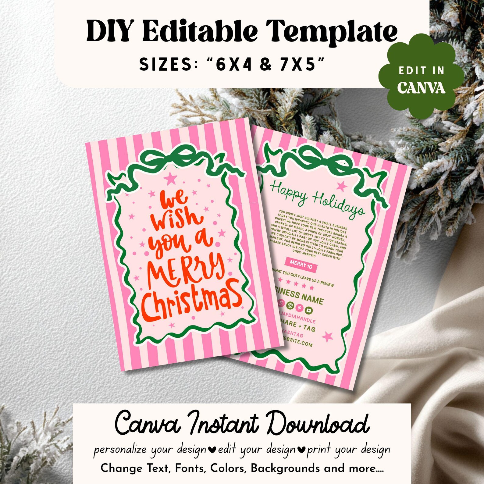 Editable Pink Christmas Thank You Card, Holiday Order Insert Template ...