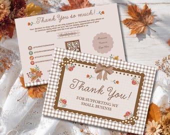 Cottagecore Thank You Card Template, Small Business Thank You Insert, Editable Canva Order Insert, Gingham Packaging Card, Fall Card - BRIA