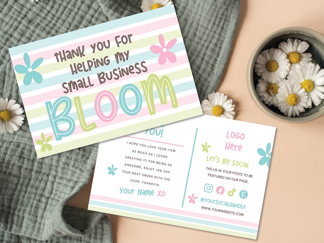 Retro Daisy Thank You Card Template, Editable Small Business Pastel ...