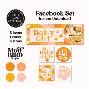 Boho Daisy Facebook Cover Template, Rainbow Facebook Banner, Facebook Icon, Facebook Business Cover Image, DIY Facebook Canva Template