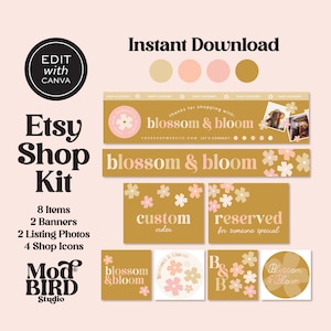 Boho Daisy Etsy Shop Template Kit Canva, Rainbow Etsy Shop Banner, Retro Shop Branding, Etsy Seller Template, DIY Etsy Store Branding Set