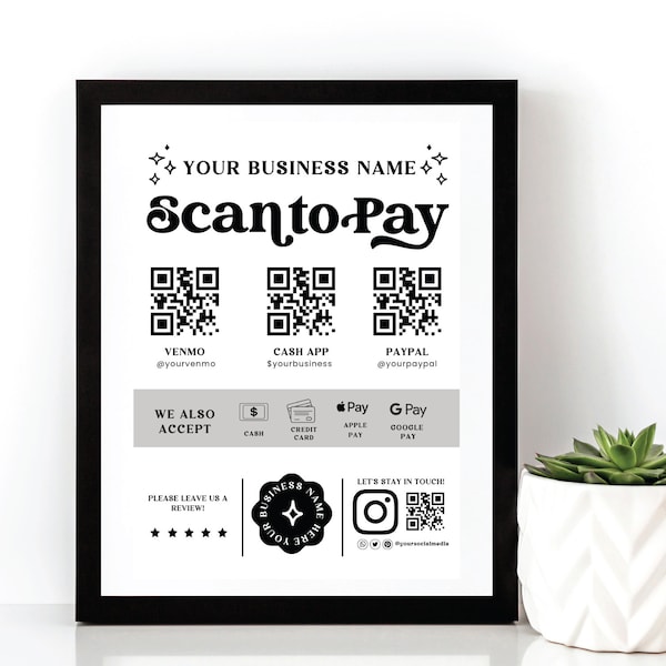 Editable Scan to Pay Sign, QR Code Sign Template, Printable Payment Sign, Accepted Payments Sign, CashApp Venmo Sign Customizable Canva-NINA