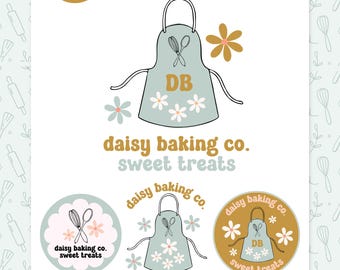 May include: A digital graphic design set featuring editable logo templates for a bakery. The designs include a light blue apron icon with white daisy flowers, a whisk and spoon, and the text daisy baking co. sweet treats in gold and blue.
