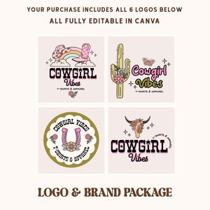 May include: A digital logo and brand package featuring six designs with the text Cowgirl Vibes T-Shirts & Apparel. Graphics include a cowboy hat, boot, rainbow, cactus, butterfly, horseshoe, and cow skull, all decorated with flowers and stars.