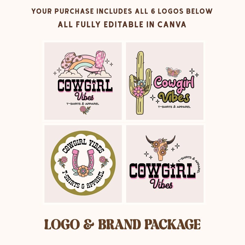 May include: A digital logo and brand package featuring six designs with the text Cowgirl Vibes T-Shirts & Apparel. Graphics include a cowboy hat, boot, rainbow, cactus, butterfly, horseshoe, and cow skull, all decorated with flowers and stars.