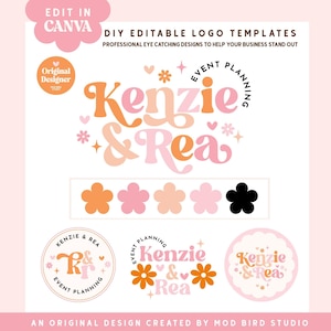 Retro Daisy Flower Logo Canva Template, Groovy 70&#39;s Modern Rainbow Logo, DIY Cute Colorful Premade Logo, Small Business Branding Kit - REA