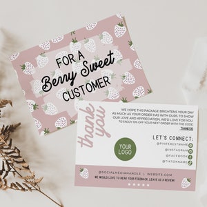 Editable Strawberry Business Thank You Card, Printable Retro Thanks For Your Purchase Card, Groovy Berry Package Insert Card, Canva Template