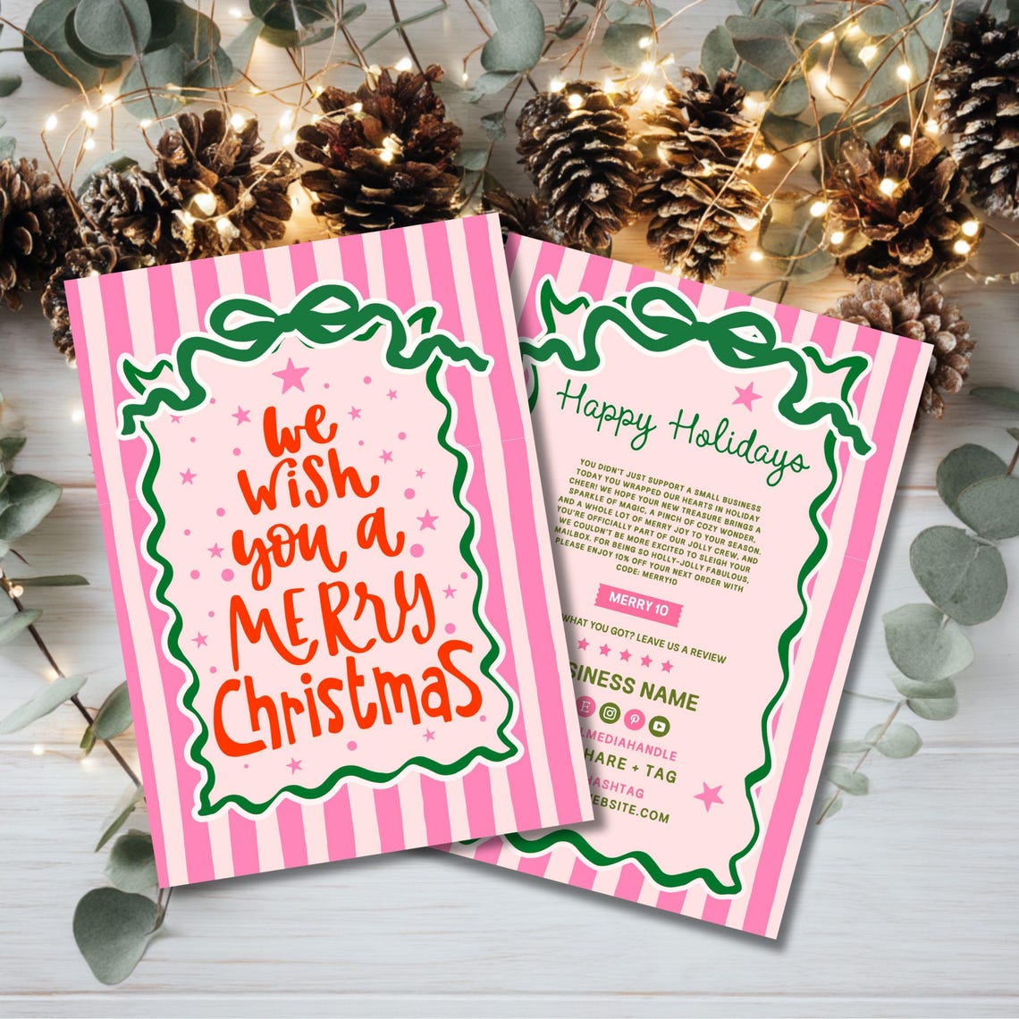 Editable Pink Christmas Thank You Card, Holiday Order Insert Template ...