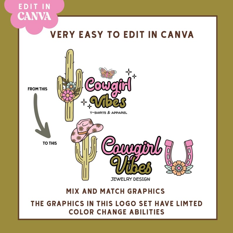 May include: A digital graphic set featuring a cactus, a pink cowboy hat, a horseshoe, and a butterfly. The text reads Cowgirl Vibes T-Shirts & Apparel and Cowgirl Vibes Jewelry Design. The graphics include floral accents in pink, orange, and blue.