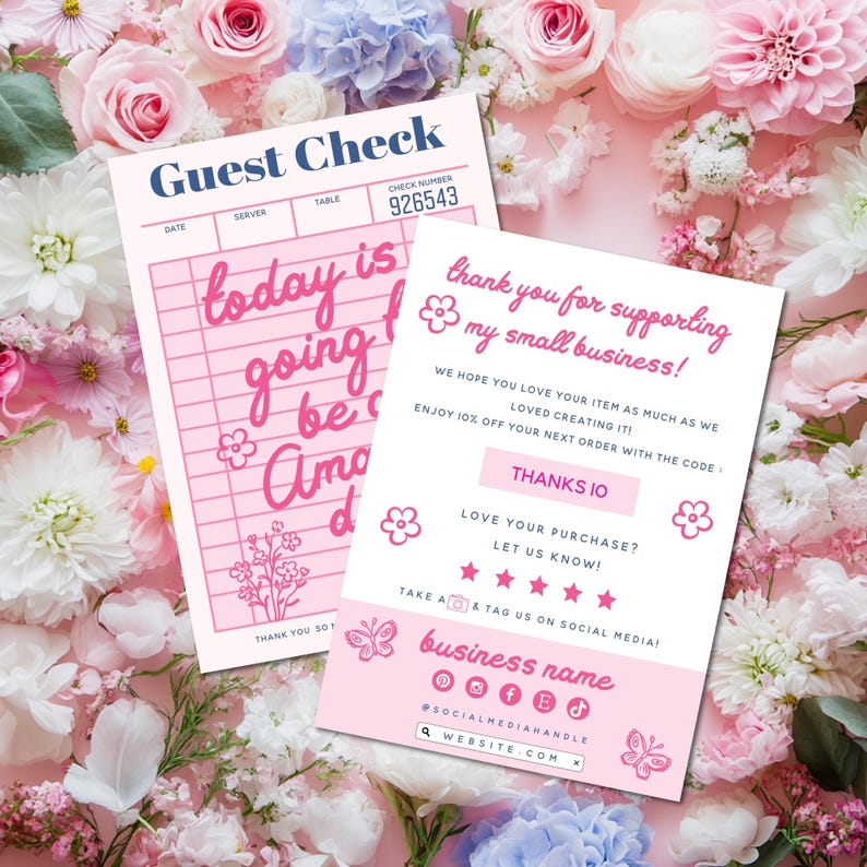 Pode incluir: Um cheque de convidado rosa e branco com o texto "today is going to be amazing" e um pequeno desenho floral. Um cart&atilde;o de agradecimento rosa e branco com o texto "thank you for supporting my small business!" e uma se&ccedil;&atilde;o de avalia&ccedil;&atilde;o de 5 estrelas.