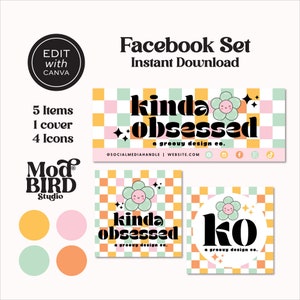 May include: A set of five Facebook graphics featuring a green flower with a smiling face and the text "kinda obsessed a groovy design co." on a pink, yellow, and green checkered background.