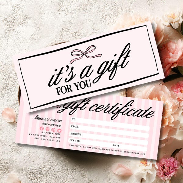 Coquette Gift Certificate Template, Editable Pink Gift Voucher Canva Template, Feminine Beauty Business Gift Card- ROZ