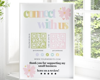 Rainbow Social Media Sign Canva Template QR Code, Follow Us On Social Media, Small Business Sign Template, Social Media Business Sign - JUNE