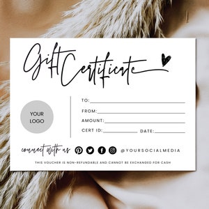 ADD LOGO, Minimal Gift Certificate Template, Minimalist, DIY Gift Certificate, Editable Gift Voucher, Printable Gift Card, Coupon, Canva