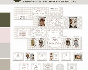 Editable Etsy Shop Branding Kit, Canva Small Business Templates, Cottagecore Gingham Lace, Banner, Shop Icon, Listing Photos-ETTA
