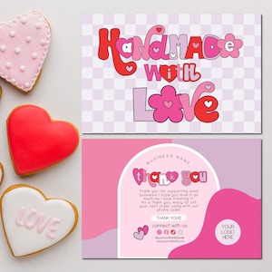 Handmade With Love VALENTINES Business Thank You Card Canva Template, DIY Printable Thanks For Your Purchase Editable Package Insert Card