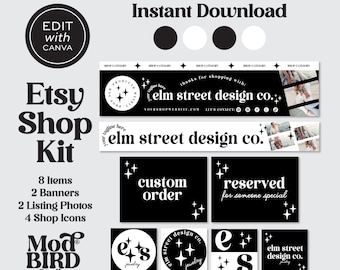 Pode incluir: Kit de loja Etsy com gráficos em preto e branco. O kit inclui 2 banners, 2 fotos de listagem, 4 ícones de loja e o texto "elm street design co."