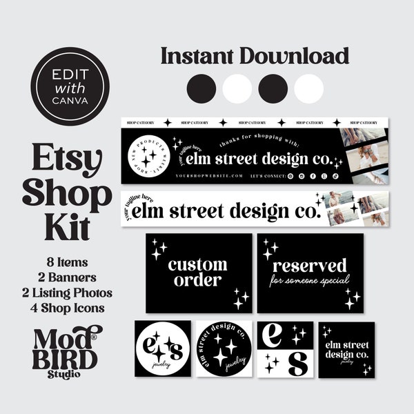 Retro Etsy Shop Template Kit Canva, Black and White Etsy Shop Banner, Modern Shop Branding, Etsy Seller Template, DIY Etsy Store Branding