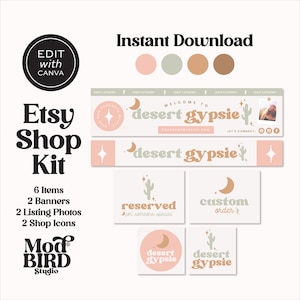 Boho Etsy Shop Graphic Bundle Kit, Etsy Banner Template, Etsy Store Branding, Editable Etsy Store Banner, Shopify Website Banner, Canva